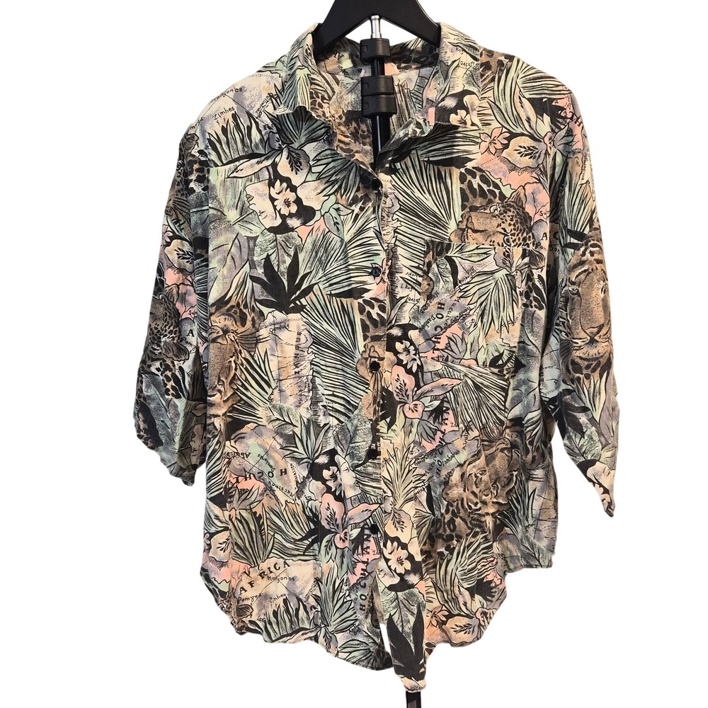 Vintage Safari Print Cotton Button Up Shirt Tiger Leopard Map Made in USA XL